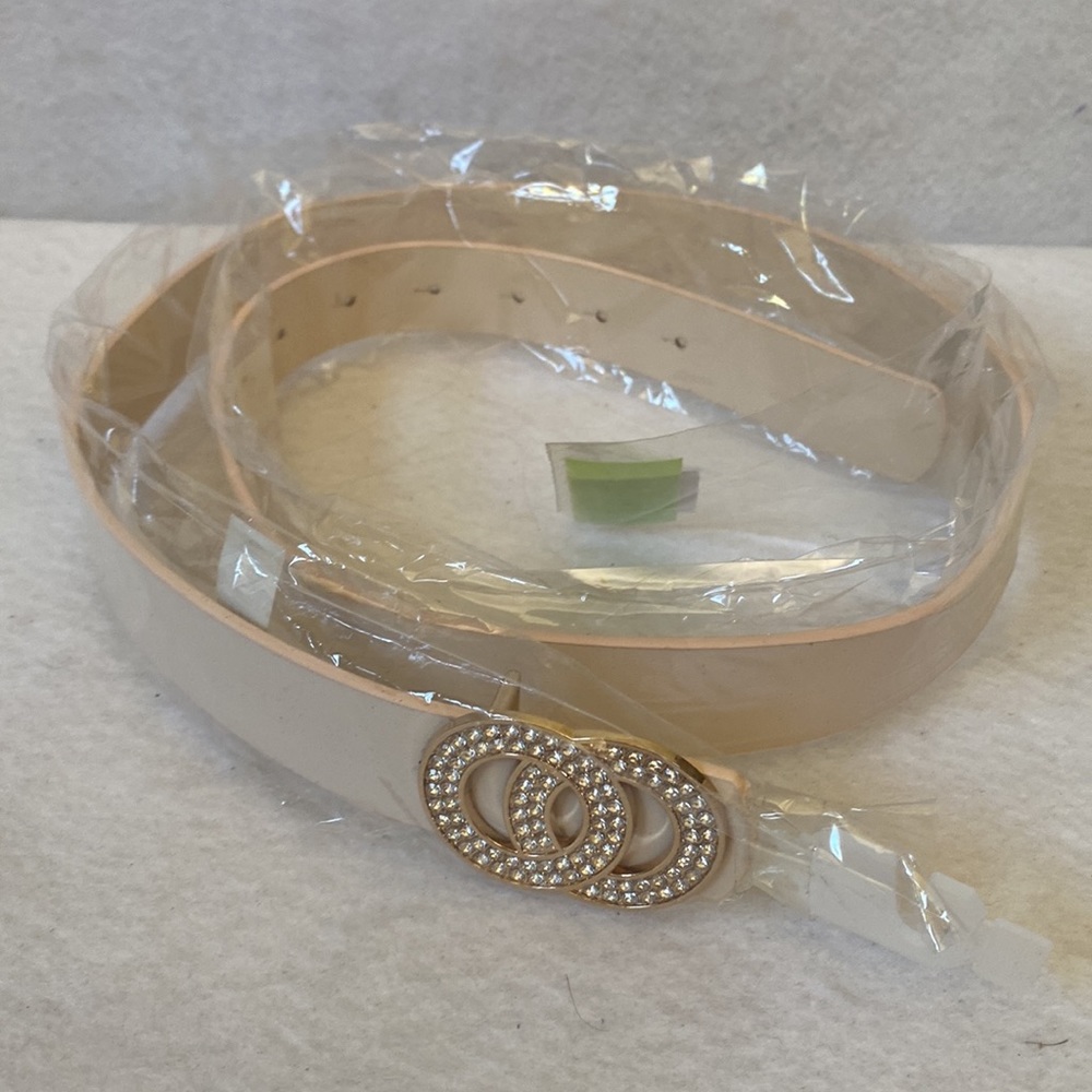 Cream Beige 1” Wide X 43.5" Long Faux Leather Belt Gold Rhinestone Buckle